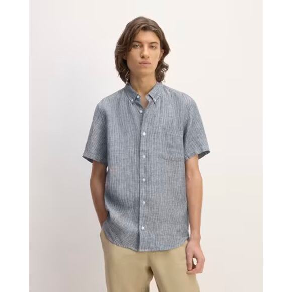 NWT Everlane Men's The Linen Short-Sleeve Standard Fit Shirt Blue/White Stripe L - Picture 1 of 11
